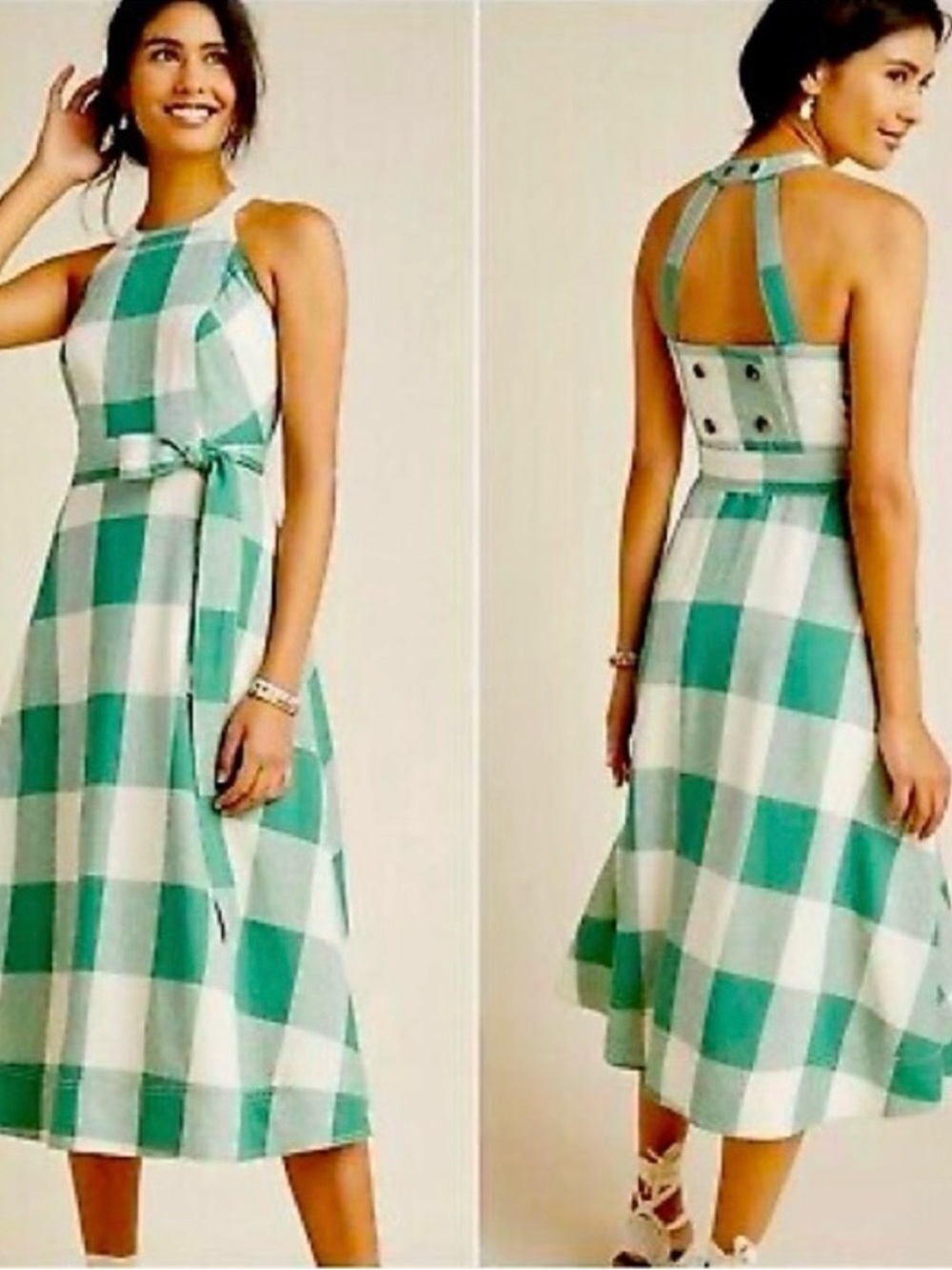 Maeve Greta Belted Green and White Gingham Halter Tie-Waist Midi Dress Size 10